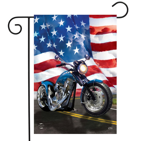 Briarwood Lane American Motorcycle Patriotic Garden Flag with blue chopper and USA stars and stripes.