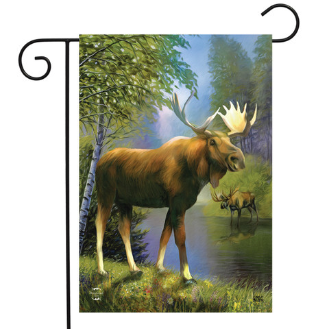 Briarwood Lane small printed garden flag with colorful wild moose in wilderness springtime scene.