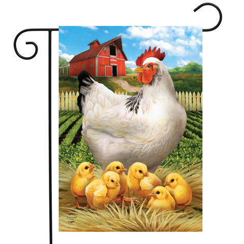 Briarwood Lane small printed garden flag with hen and chicks in a colorful springtime barn scene.