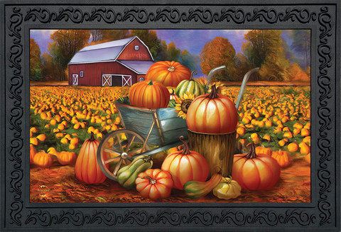 Briarwood Lane Pumpkin Farm Fall Doormat, colorful autumn harvest scene on a small printed decorative mat.