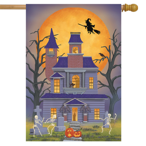 Briarwood Lane Haunted House Party Halloween flag with jack-o-lantern, bats, and spooky skeleton display.