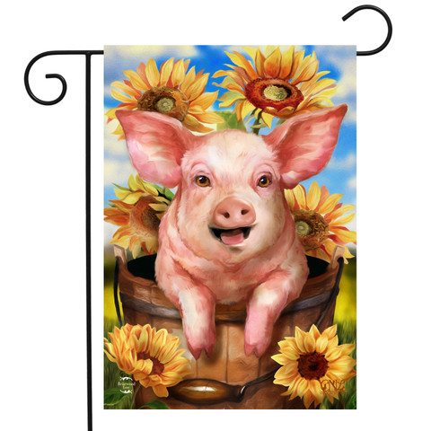 Briarwood Lane Happy Piglet garden flag with sunflowers, a cheerful fall seasonal decorative display.