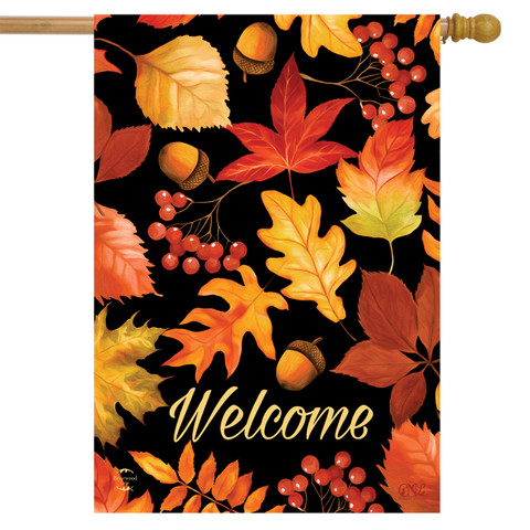 Briarwood Lane fall house flag with colorful leaves, acorns, and Welcome text on black background.