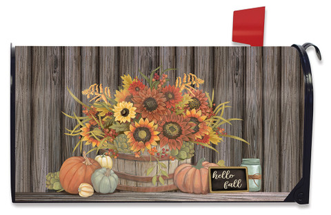 Briarwood Lane Hello Fall Floral Primitive standard mailbox cover with basket, flowers, and pumpkins.