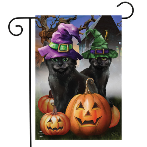 Briarwood Lane Spooky Kittens Halloween Garden Flag with cats, jack-o-lanterns, and spooky autumn decor.