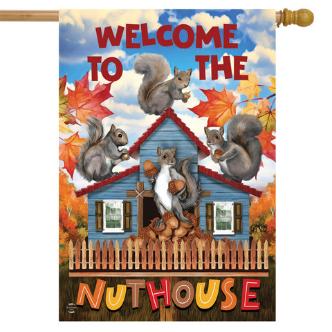 Briarwood Lane Nut House Fall House Flag with colorful squirrels and autumn leaves on a banner.