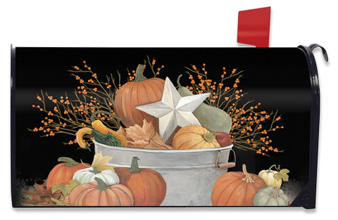 Briarwood Lane oversized mailbox cover with pumpkins, gourds, and star on black background, large fall design.