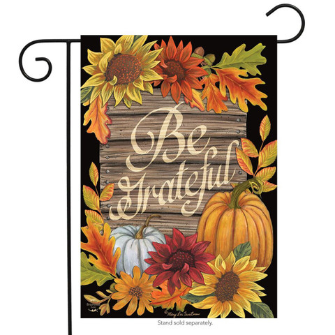 Briarwood Lane small printed garden flag with colorful fall design and Be Grateful message on porch decor.
