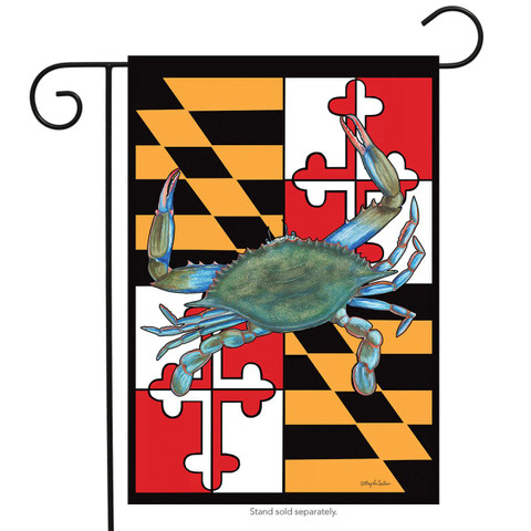 Briarwood Lane Maryland Crabs garden flag with colorful, cheery design and blue crab on display.