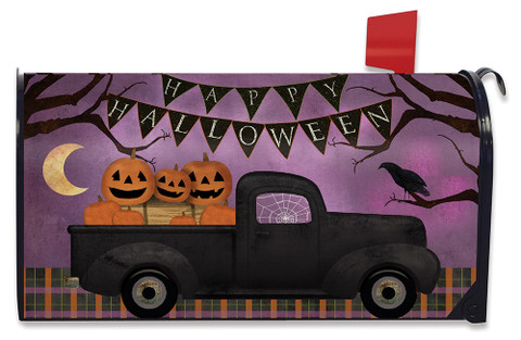 Briarwood Lane Halloween Truck Primitive Mailbox Cover with jack-o-lanterns on a standard mailbox cover.