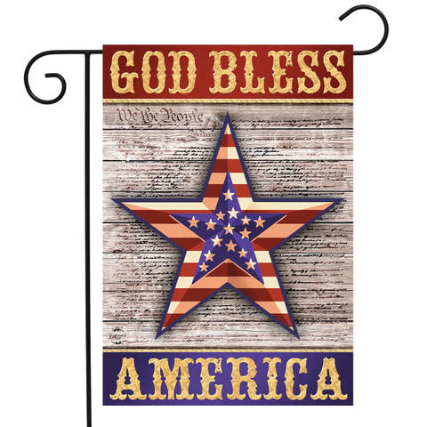 Briarwood Lane patriotic garden flag with star, stripes, and "God Bless America" in red, white, blue.
