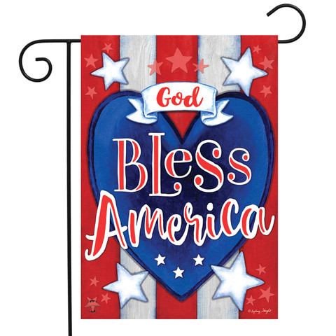 Briarwood Lane patriotic garden flag with God Bless America text and American stars and stripes colors.