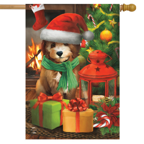 Briarwood Lane Waiting For Santa Christmas House Flag with colorful festive dog and presents display.