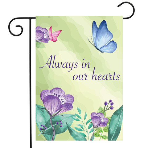 Briarwood Lane Always In Our Hearts Garden Flag with colorful butterflies and purple flowers.
