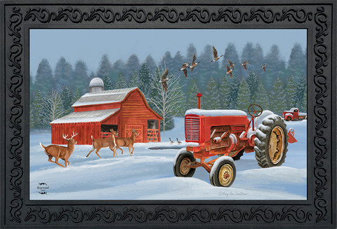Briarwood Lane Winter On The Farm decorative doormat with colorful, cheery winter scene and tractor.
