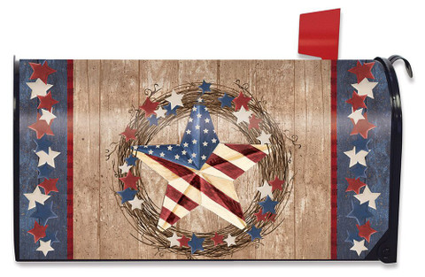 Briarwood Lane Americana Barnstar Patriotic Large Mailbox Cover with rustic wreath and stars and stripes design.