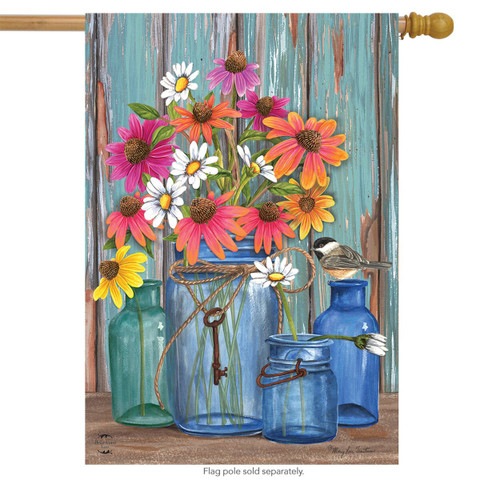 Briarwood Lane spring house flag with colorful, cheery flowers on a rustic background, perfect for springtime decor.