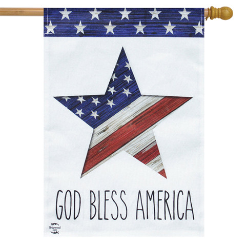 Briarwood Lane God Bless America star patriotic burlap house flag with red, white, and blue colors.