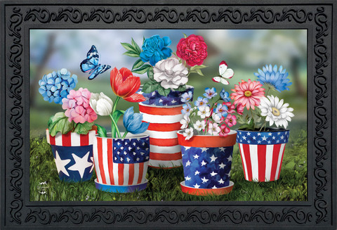 Briarwood Lane America In Bloom Summer Doormat with patriotic stars and stripes in red, white, blue.