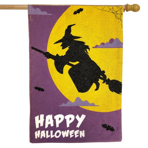 Flying Witch Halloween Burlap House Flag