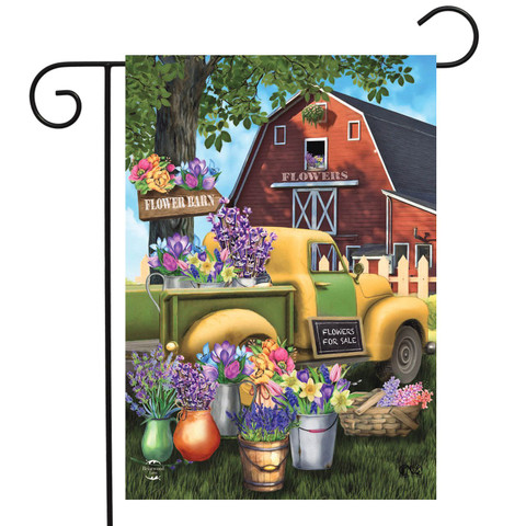 Briarwood Lane small printed garden flag with colorful spring flowers and cheery farm scene decorative design.