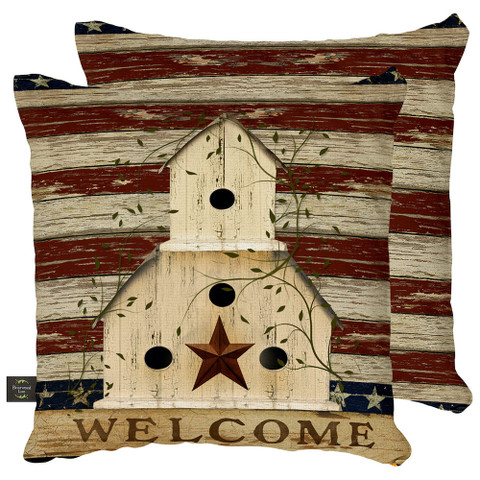 Briarwood Lane Americana Welcome Patriotic Decorative Pillow with rustic birdhouse and star on vintage USA flag.