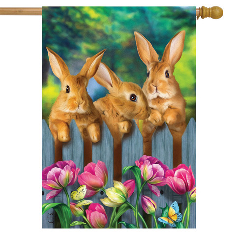 Briarwood Lane Garden Bunnies House Flag with colorful springtime design and decorative printed rabbits.