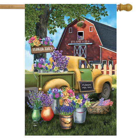 Briarwood Lane Flower Barn Spring House Flag with colorful flowers and vintage truck on display.