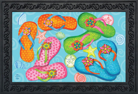 Briarwood Lane Summer Flip Flops Nautical Doormat with colorful flip flops and seashells on blue background.
