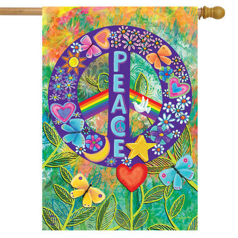 Briarwood Lane Peace Floral House Flag with colorful rainbow butterfly design for spring and summer decor.