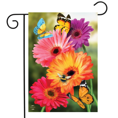 Briarwood Lane Garden Gerber Daisies spring garden flag with colorful butterflies and flowers display.