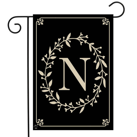 Briarwood Lane classic monogram letter N garden flag, black with elegant cream colored floral design.