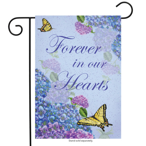 Briarwood Lane Forever In Our Hearts garden flag with butterflies and hydrangeas, colorful decorative seasonal display.