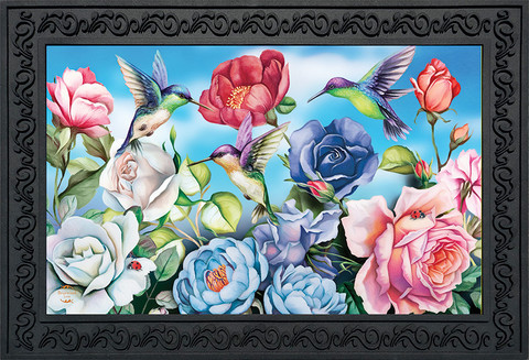Briarwood Lane Hummingbird and Roses Spring Doormat, colorful printed decorative mat for porch or backyard display.