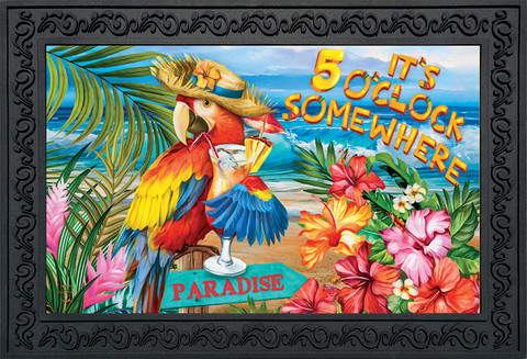 Briarwood Lane 5 O'Clock Paradise Summer Doormat with colorful parrot, cocktail, and tropical sand design.