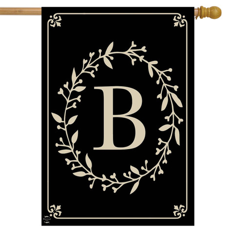 Briarwood Lane classic monogram letter B black double-sided house flag with elegant vintage design elements.