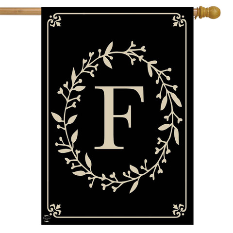 Briarwood Lane Classic Monogram Letter F Double-Sided House Flag, black with elegant vintage gold print.