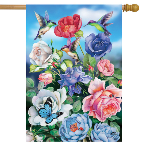 Hummingbird and Roses Spring House Flag