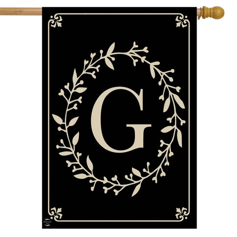 Briarwood Lane black double-sided house flag with elegant gold monogram letter G and leafy wreath design.