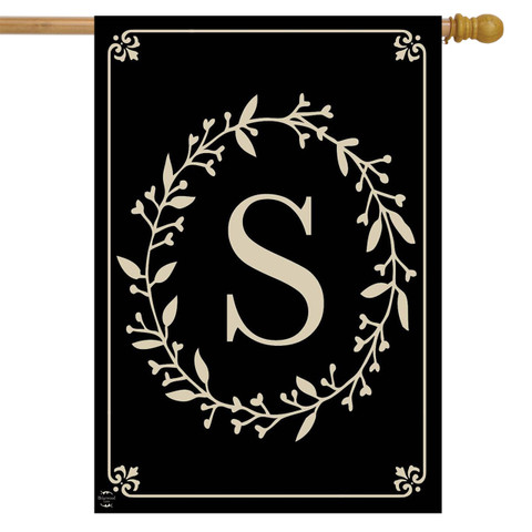 Briarwood Lane classic monogram letter S double-sided house flag in elegant black with gold print.