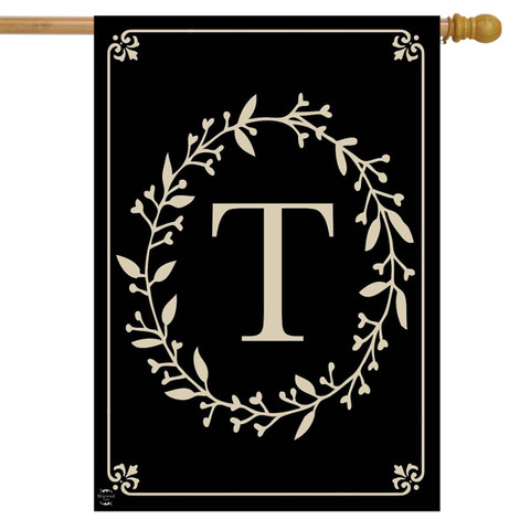 Briarwood Lane Classic Monogram Letter T black double-sided house flag with elegant gold floral design.