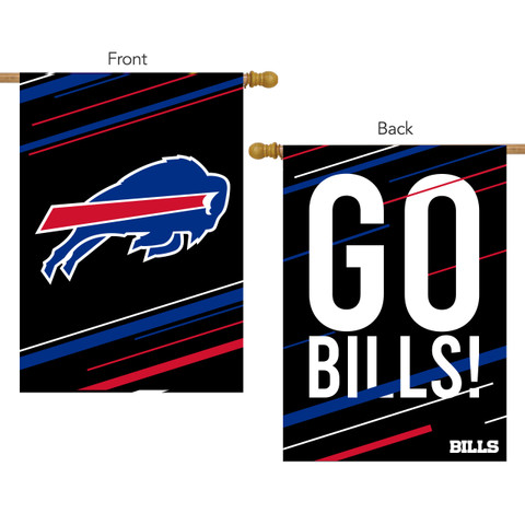 Briarwood Lane Buffalo Bills Slogan NFL licensed house flag, Go Bills, black background with blue red stripes.