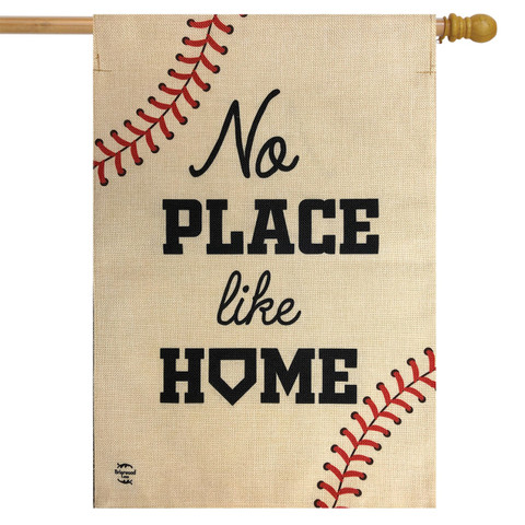 Briarwood Lane small printed burlap house flag with No Place Like Home baseball theme colorful design.