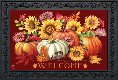 Briarwood Lane Fall Beauty Floral doormat with colorful flowers, pumpkins, and welcome message on red background.