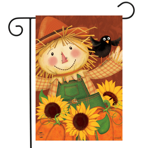 Briarwood Lane Happy Scarecrow fall garden flag with bright sunflowers, pumpkins, and colorful autumn design.