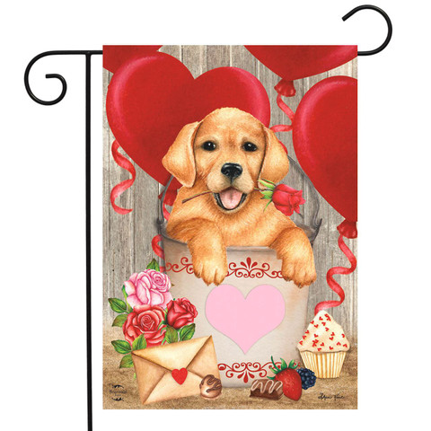 Briarwood Lane Valentine's Puppy Garden Flag with pink hearts, red balloons and cute dog.