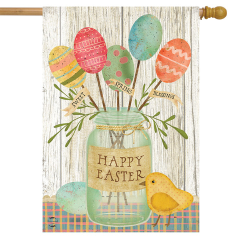 Briarwood Lane Spring Egg Bouquet Easter House Flag with colorful eggs and happy Easter message.