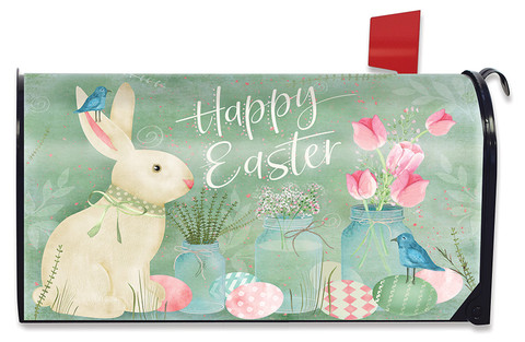 Briarwood Lane Easter Bunny and Tulips Primitive Mailbox Cover with colorful springtime rabbit design.
