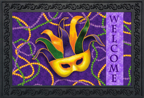 Briarwood Lane Mardi Gras Holiday Doormat with colorful beads and mask, purple background, welcome sign.