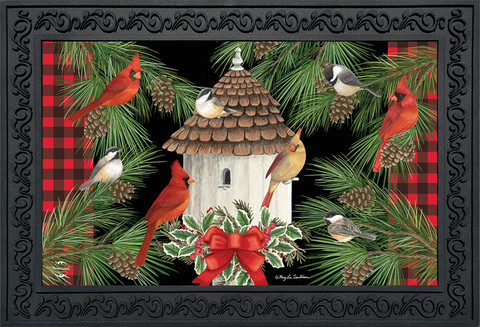 Briarwood Lane Holiday Bird Gathering Doormat with cardinals, pine, and birdhouse, colorful Christmas decor.
